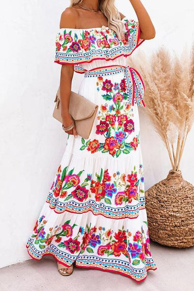 Gradient Off Shoulder Belted Maxi Dress - girlyrose.com