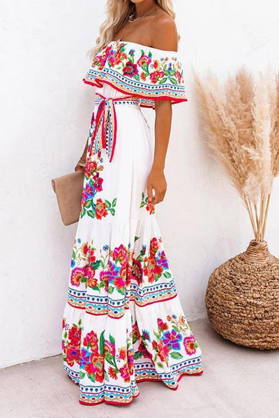 Gradient Off Shoulder Belted Maxi Dress - girlyrose.com