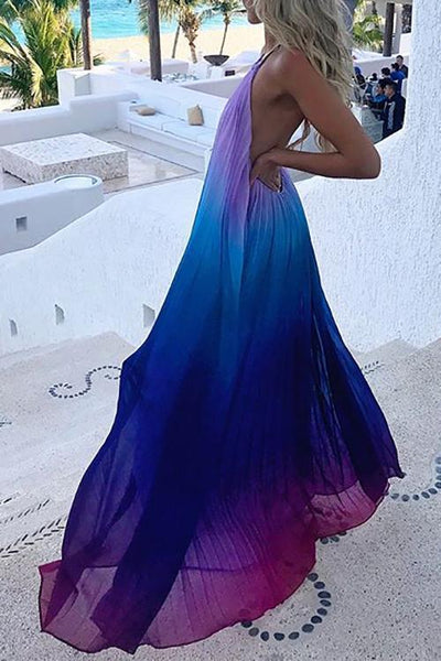 Gradient Color Halter Neck Backless Maxi Dress - girlyrose.com