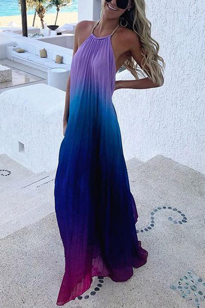 Gradient Color Halter Neck Backless Maxi Dress - girlyrose.com