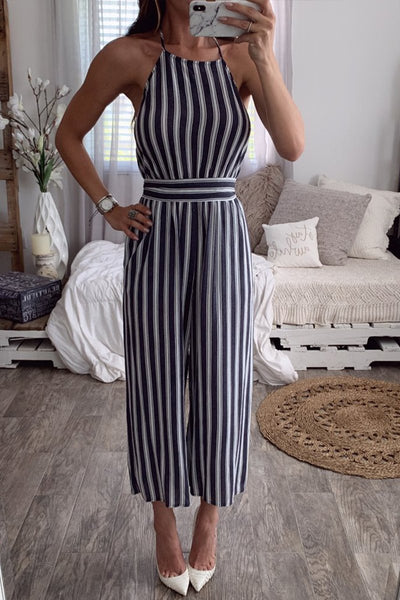 Stripe Backless Slip Jumpsuit - girlyrose.com