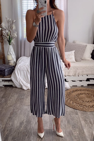 Stripe Backless Slip Jumpsuit - girlyrose.com