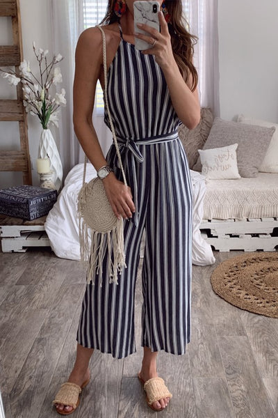 Stripe Backless Slip Jumpsuit - girlyrose.com