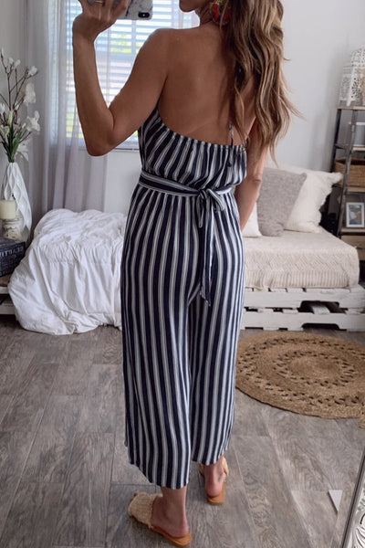 Stripe Backless Slip Jumpsuit - girlyrose.com