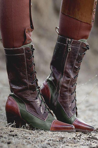 Viantage Leather Lace Up Chunky Heel Boots - girlyrose.com