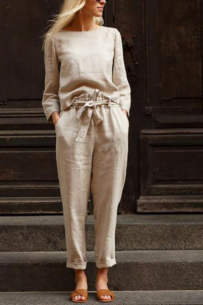 Linen O Neck Long Sleeve Pants Set