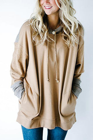 Patchwork Drawstring Pockets Hoodie - girlyrose.com