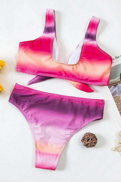Gradient Knot High Waist Bikini Set - girlyrose.com