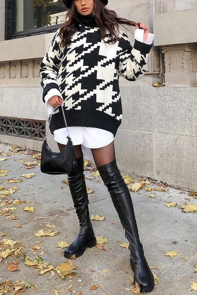 Houndstooth High Collar Sweater