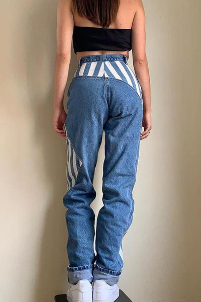 Stripe Patchwork Straight Leg Jeans - girlyrose.com