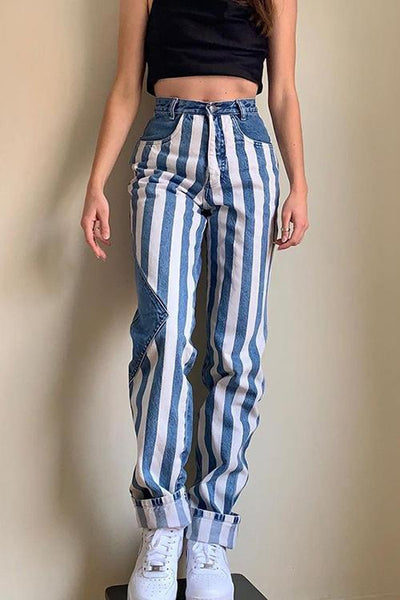 Stripe Patchwork Straight Leg Jeans - girlyrose.com