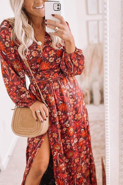 Floral Print Long Sleeve Slit Maxi Wrap Dress