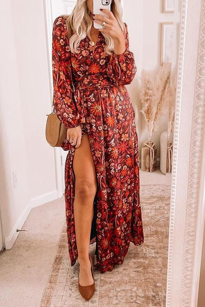 Floral Print Long Sleeve Slit Maxi Wrap Dress