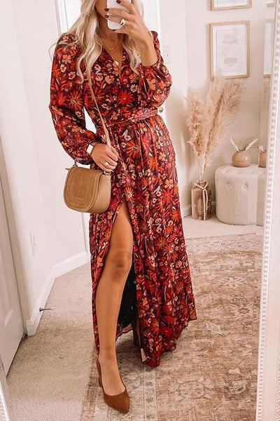 Floral Print Long Sleeve Slit Maxi Wrap Dress