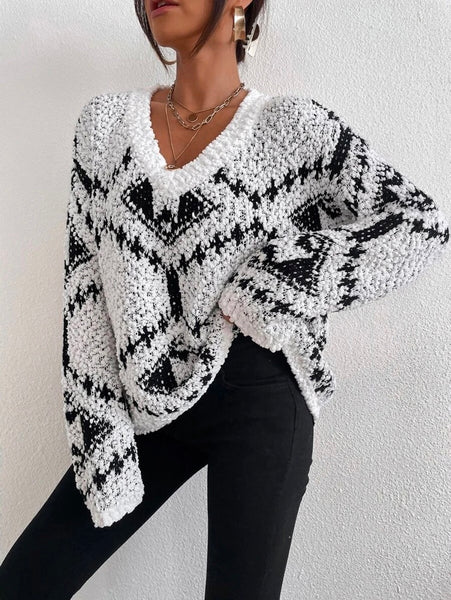 Stylish Loose Long Sleeves Floral Printed Color-Block V-Neck Sweater Tops