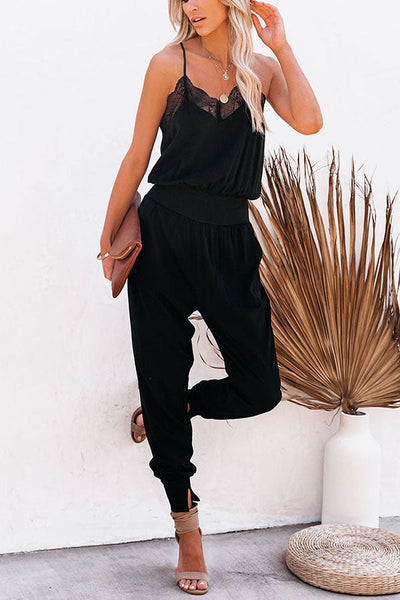 Lace V neck Pockets Jogger Jumpsuits