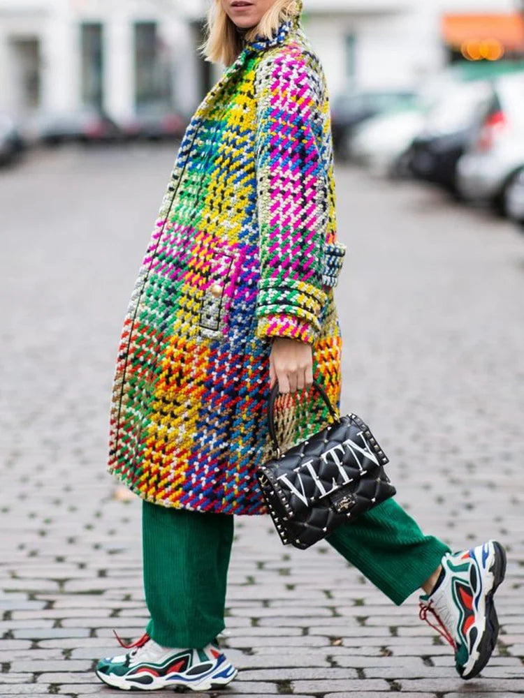Stylish Loose Plaid Multi-Colored Lapel Collar Long Cardigan Woolen Coats