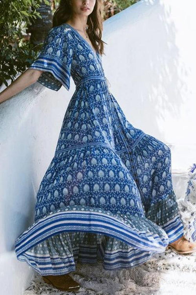 Print V Neck Short Sleeve Maxi Dress - girlyrose.com