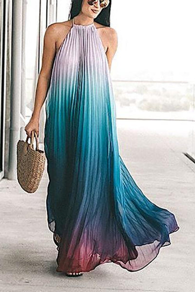 Gradient Color Halter Neck Backless Maxi Dress - girlyrose.com