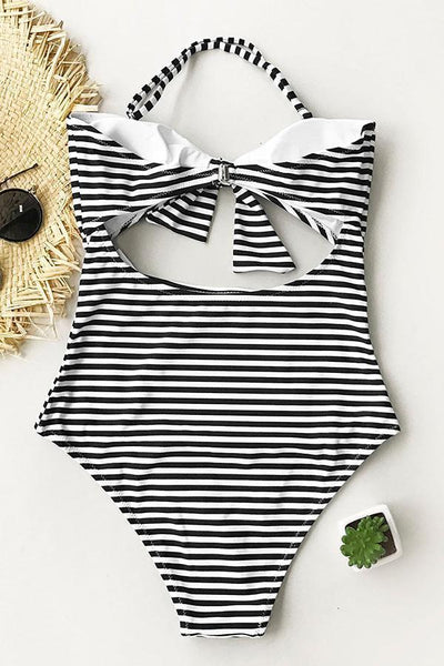 Stripe Hollow One-piece Swimsuit - girlyrose.com