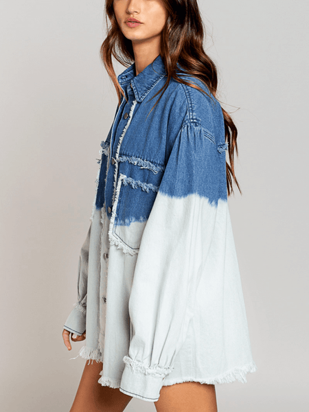 TIE-DYED COLOR BLOCK FRAYED DENIM SHACKET - BLUE