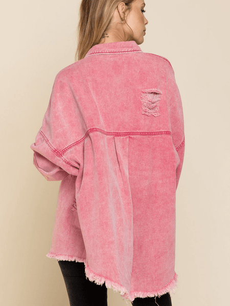 THINKING OUT LOUD COTTON DISTRESSED DENIM JACKET - PINK