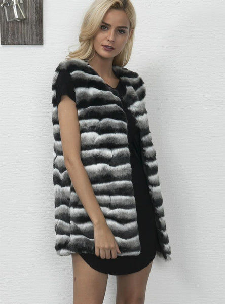 Women Crewneck Waistcoat Stripes Faux Fur Waistcoat