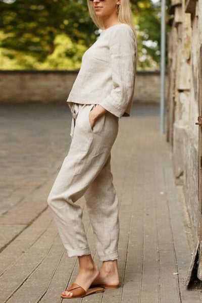 Linen O Neck Long Sleeve Pants Set