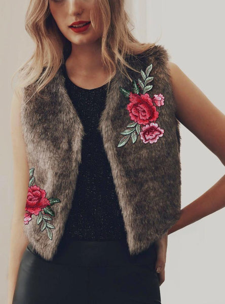 Embroidered Fur Vest Wool Vest Short Fur