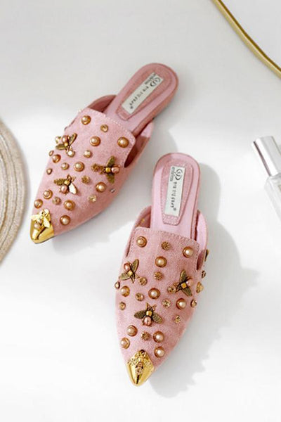 Metal Pearl Bee Mules Flats - girlyrose.com