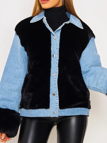 Fashion Contrast Color Buttoned Lambskin Warmth Jacket