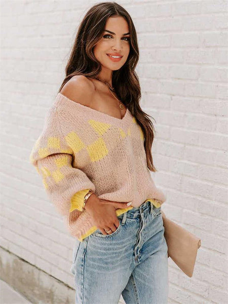 Fashion Contrast Color V-neck Long Sleeve Casual Loose Sweater-Corachic