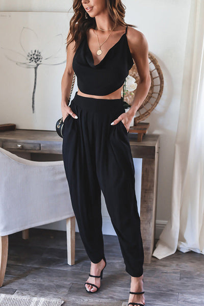 Cowl Neck Open Back Top Pleated Pants Suit