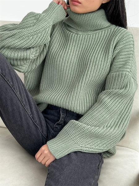 Thick Casual Turtleneck Solid Color Knitted Sweater-Corachic