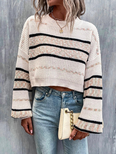 Long Sleeves Printing Color-Block Round-Neck Sweater Tops