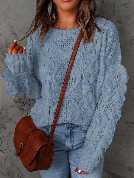 Loose-fitting Turtleneck Fringe Solid Color Pullover Knit Sweater for Women-Corachic