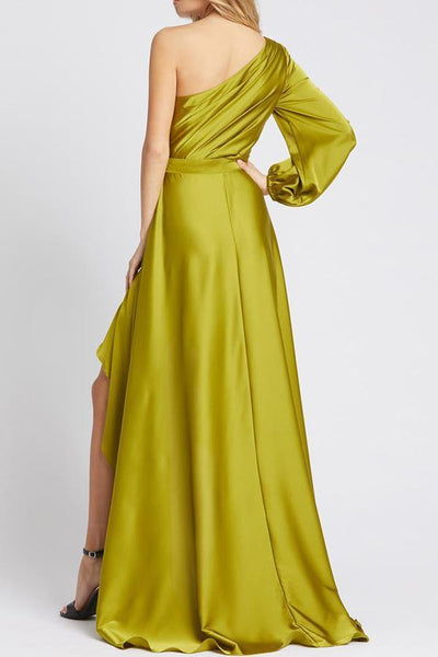 One Shoulder Satin High Low Maxi Dress