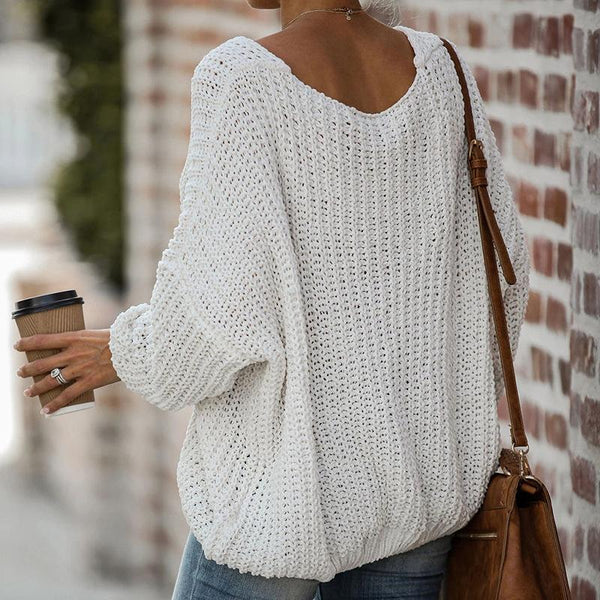 Fashion Women's Solid Color V-neck Loose Sweater-Corachic