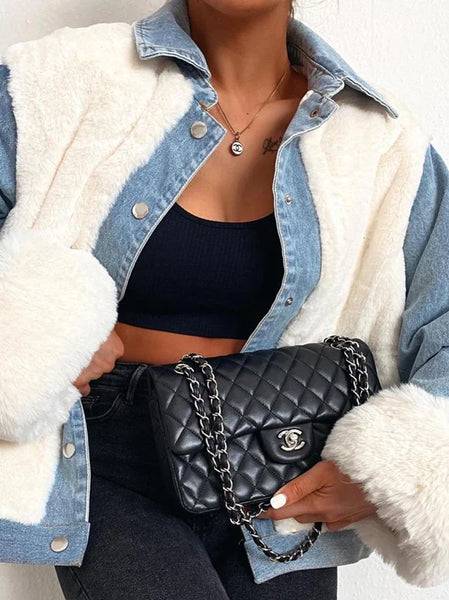 Fashion Contrast Color Buttoned Lambskin Warmth Jacket