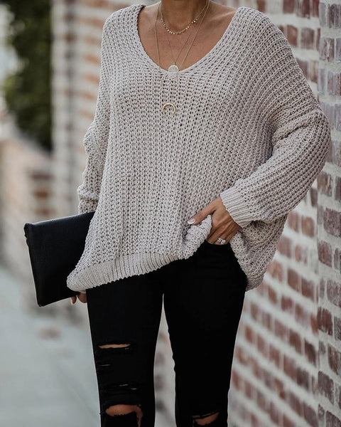 Fashion Women's Solid Color V-neck Loose Sweater-Corachic