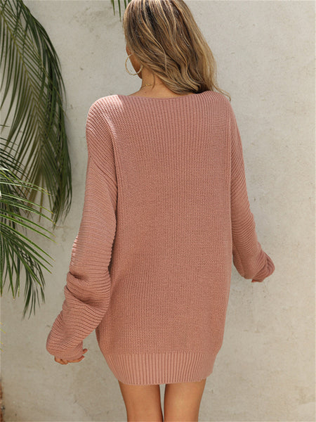 V-neck Solid Color Temperament Commuting Medium Long Knitting Sweater-Corachic