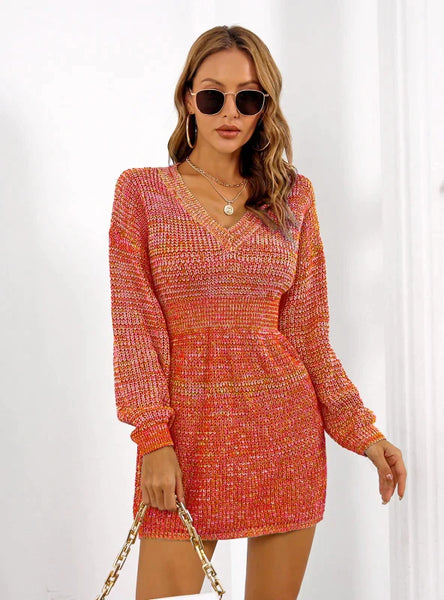 V-NECK COLORFUL LANTERN SLEEVE SWEATER DRESS