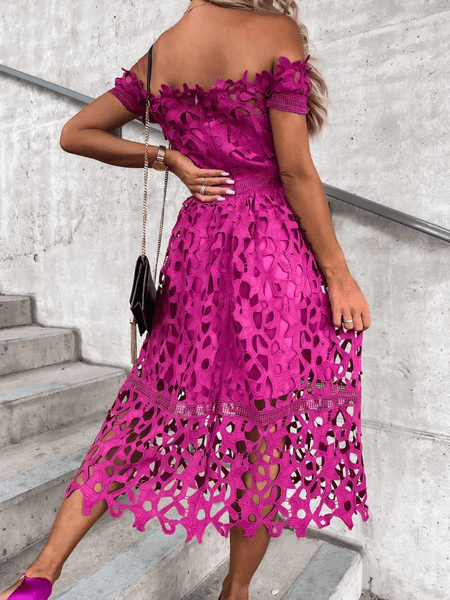 LOVE STORY BABY LACE OFF SHOULDER MIDI DRESS - MAGENTA