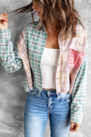 Color Block Plaid Shorts Shirt Jackets - girlyrose.com