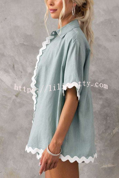 Harry Waved Trim Button Loose Shirt and Elastic Waist Pocketed Shorts Set