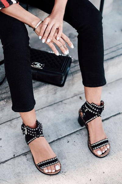 Open Toe Rivet Chunky Heeled Sandals