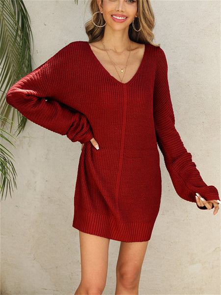V-neck Solid Color Temperament Commuting Medium Long Knitting Sweater-Corachic