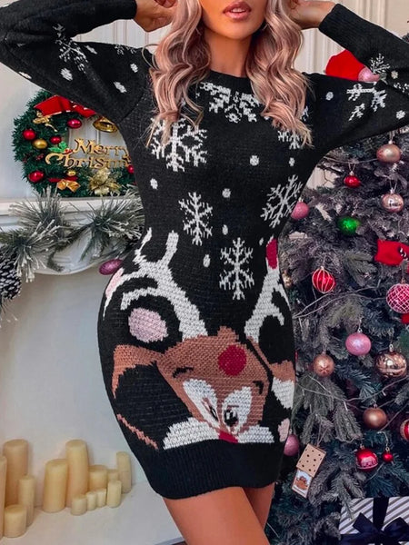 Festival Long Sleeves Wrap Christmas Elk Crochet Sweater Mini Dresses