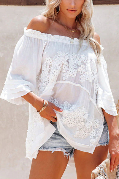 Off The Shoulder Flare Sleeve Crochet Tunic