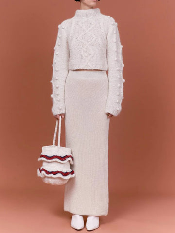 Stylish Crochet Long Sleeves Jacquard Empire Skirt Two-Pieces Set